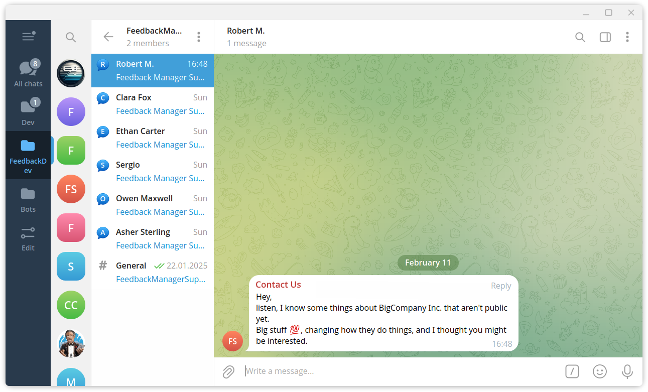 Telegram private group with topics enabled, message from user